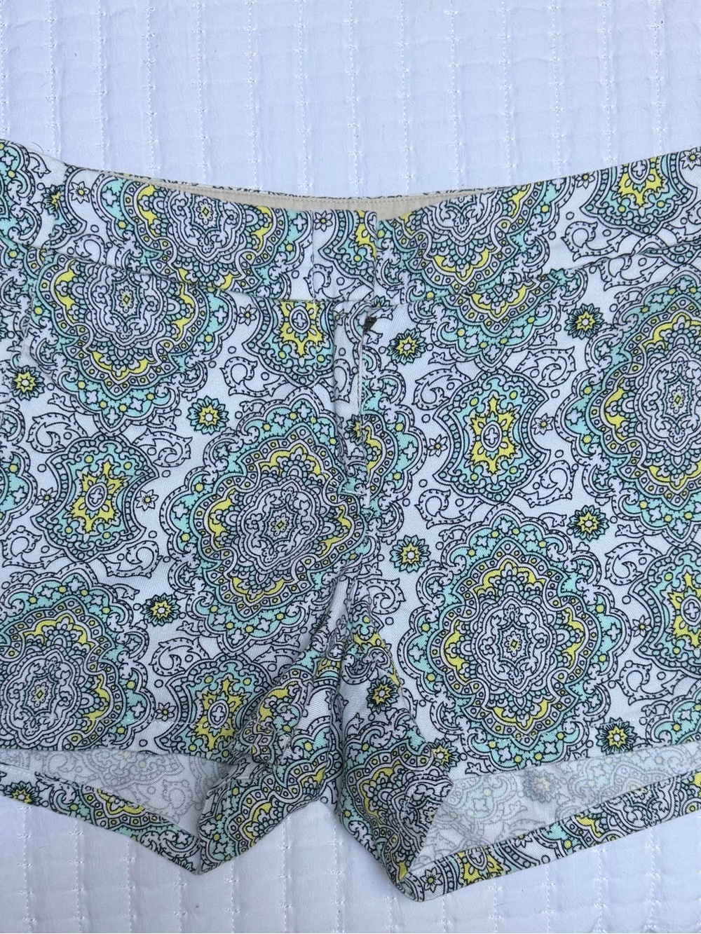 J. Crew White Shorts with Yellow & Teal Medallion Print
